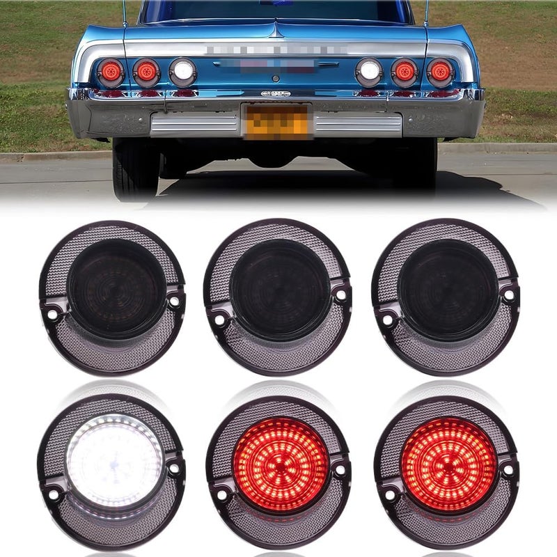 MOTRUM Tail Light Compatible with 1964 Chevy Impala, [DOT] [Waterproof] 4 Red LED Taillight Lamps, 2 White LED Tail Lamps, Replace OEM #‎MO-3237, 6 PCS, Smoked Lens - Image 1